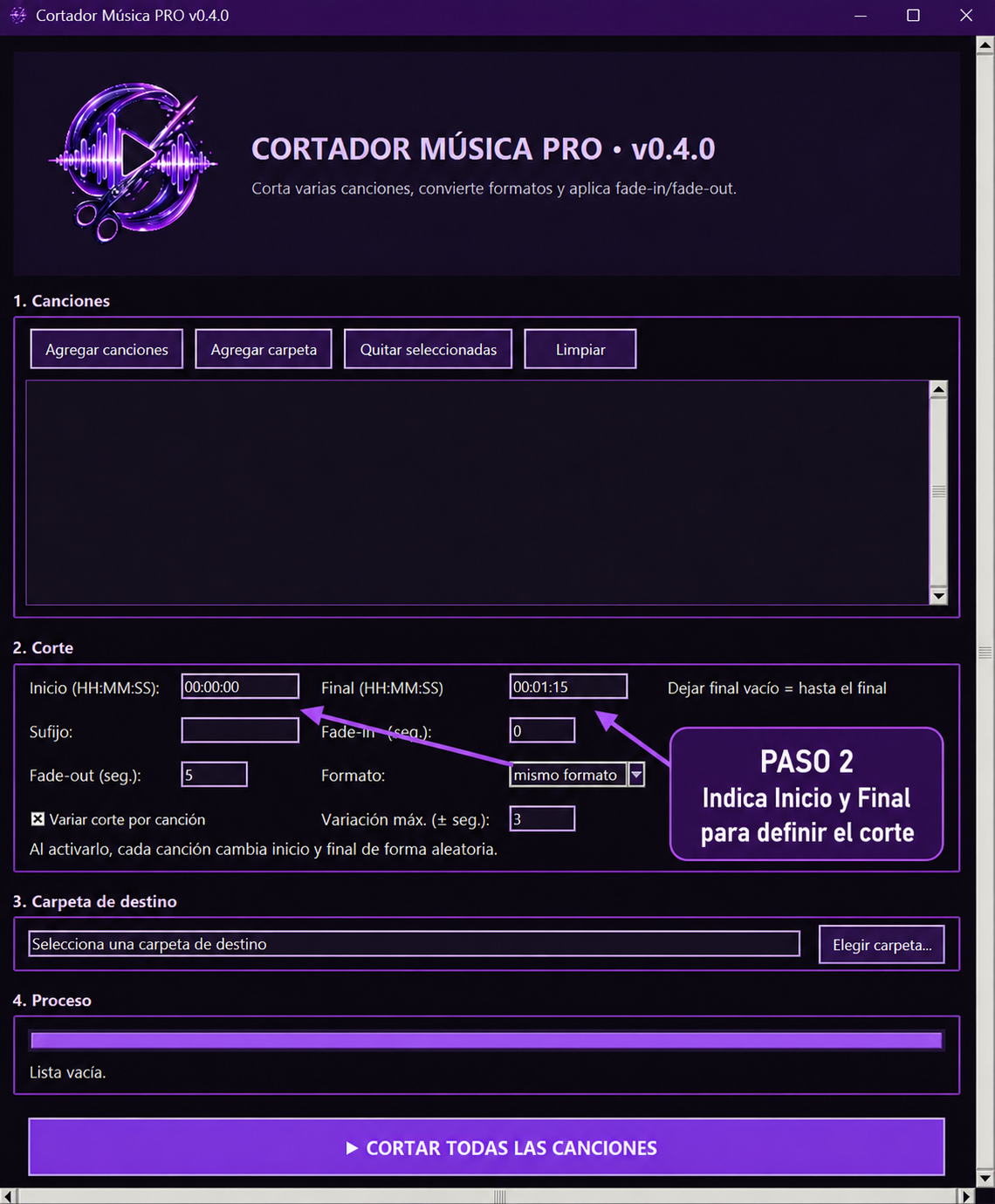 Paso 2 para indicar inicio y final