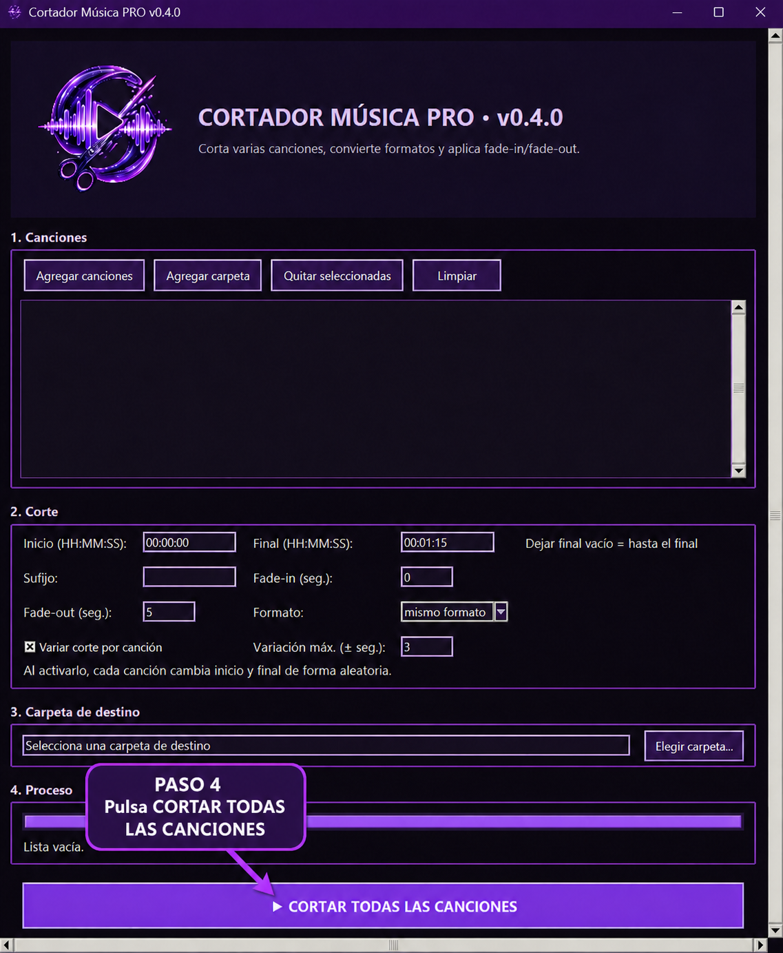 Paso 4 para cortar todas las canciones